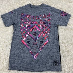 American Fighter Buckle Mens Shirt Heather Gray Pink & Purple Graphic Size Small